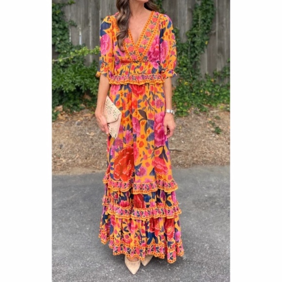 NEW Farm Rio Floral Dream Maxi Dress Floral Dream Yellow Small - Picture 1 of 16